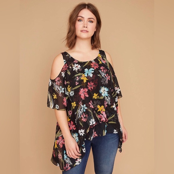 LB Tunic Top Printed Chiffon Cold Shoulder 14/16 - Picture 1 of 3